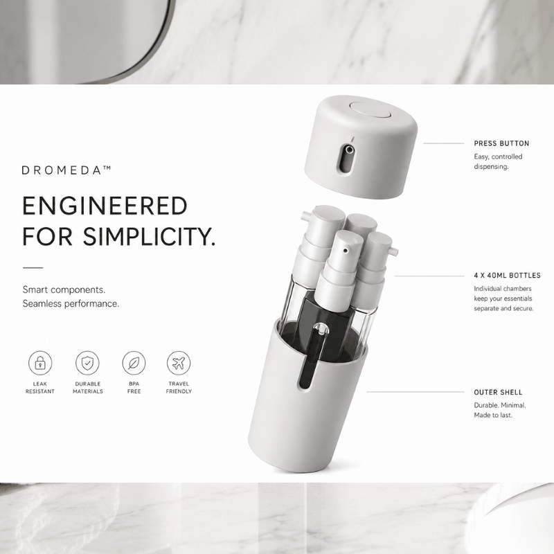 Dromeda™ Travel Dispenser | 4-in-1 Refillable Toiletry Bottle