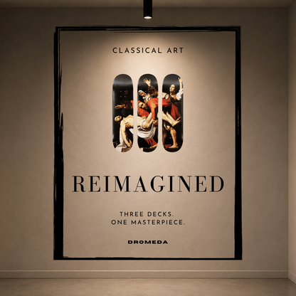 A large framed poster or print hanging on a gallery wall, featuring the text 'CLASSICAL ART', 'REIMAGINED', and 'DROMEDA' with three vertical cutout windows showing classical artwork. The scene is photographed in a real interior space with gallery walls and lighting.