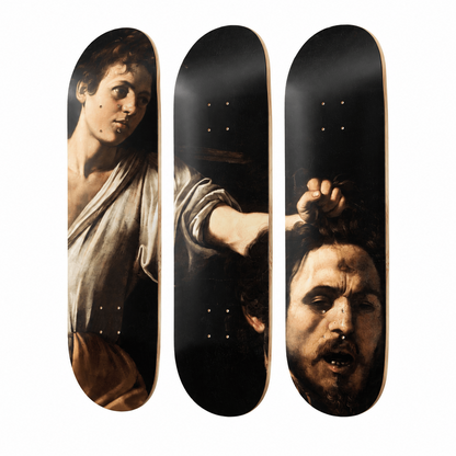 Three skateboard deck edges arranged vertically side by side, each featuring a dramatic sepia-toned portrait print on a dark background.