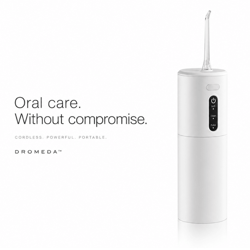 White dental water flosser with text on a white background