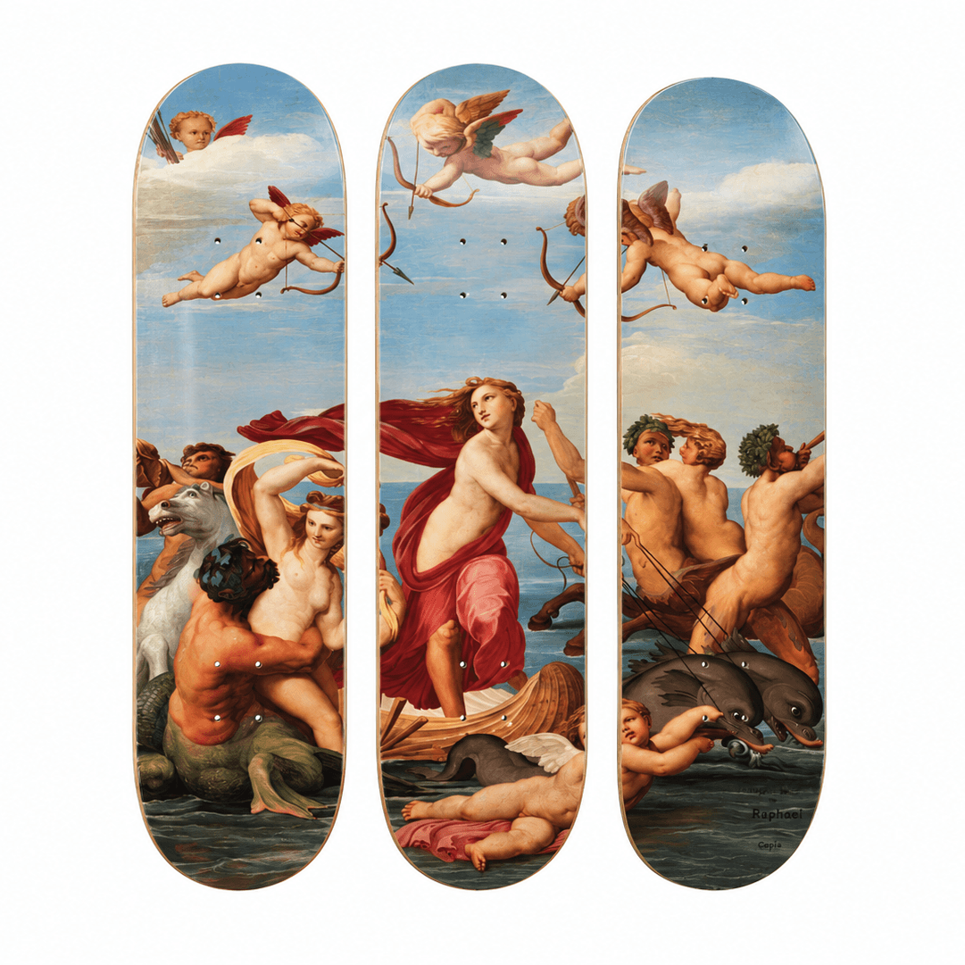 Three skateboard decks arranged vertically side-by-side, featuring a detailed classical painting print of cherubs and figures in the water under a blue sky.