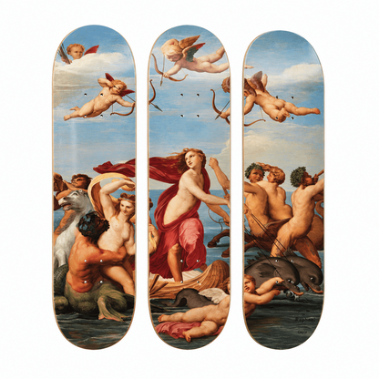 Three skateboard decks arranged vertically side-by-side, featuring a detailed classical painting print of cherubs and figures in the water under a blue sky.