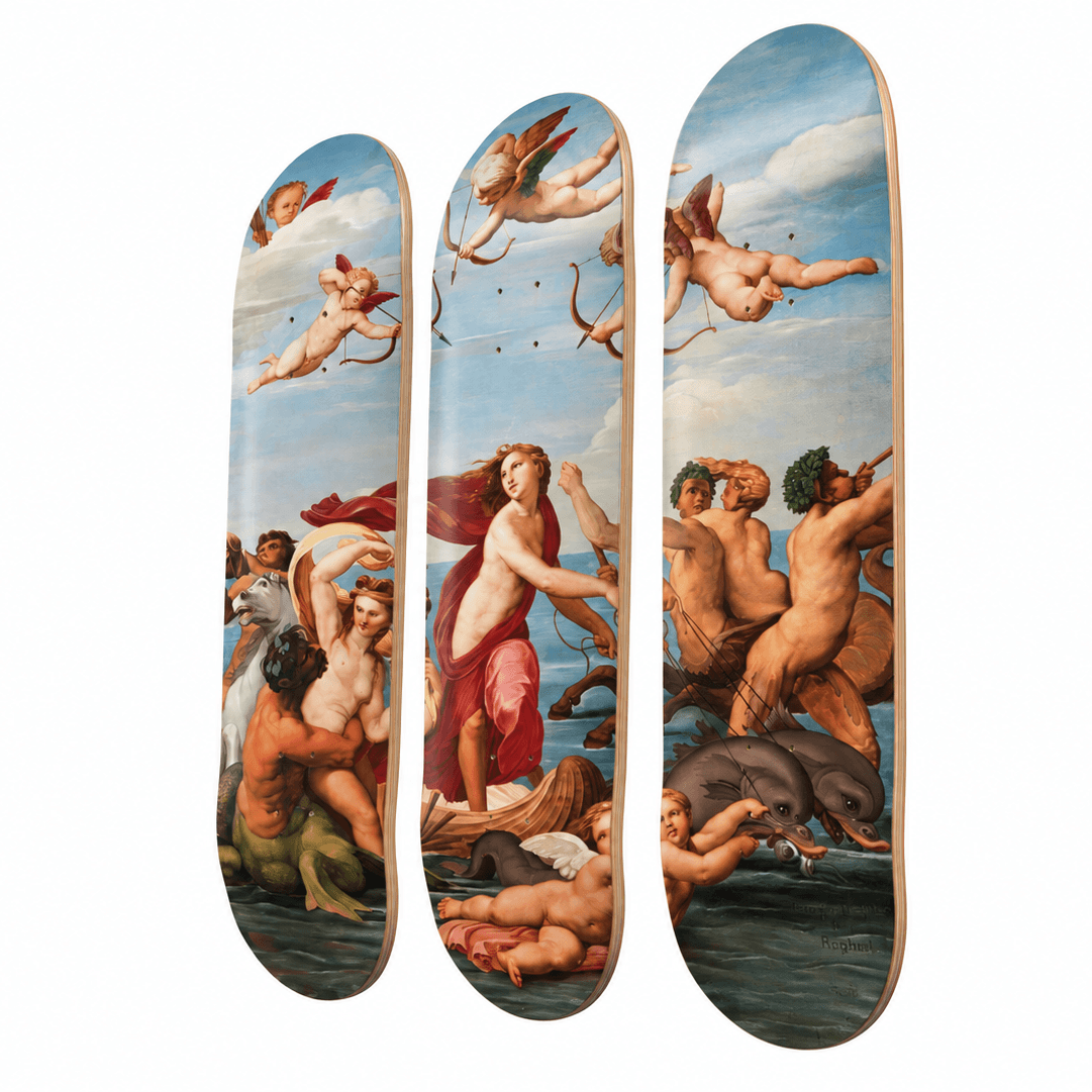 Three skateboard deck templates featuring a detailed reproduction of Michelangelo's classical painting 'The Birth of Venus' on a plain white background.