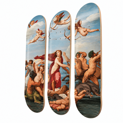 Three skateboard deck templates featuring a detailed reproduction of Michelangelo's classical painting 'The Birth of Venus' on a plain white background.