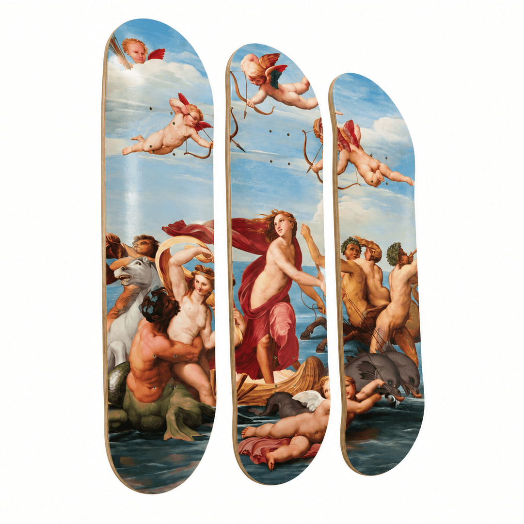 Three skateboard decks arranged vertically side-by-side, featuring a detailed print of Michelangelo's classical painting 'The Birth of Venus' with Venus, sea monsters, and sea birds under a blue sky.
