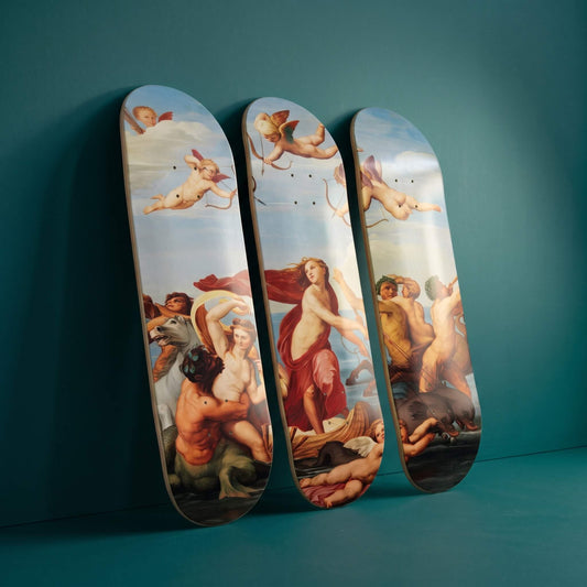 The Triumph of Galatea 3 deck skateboard wall art leaning against a teal wall