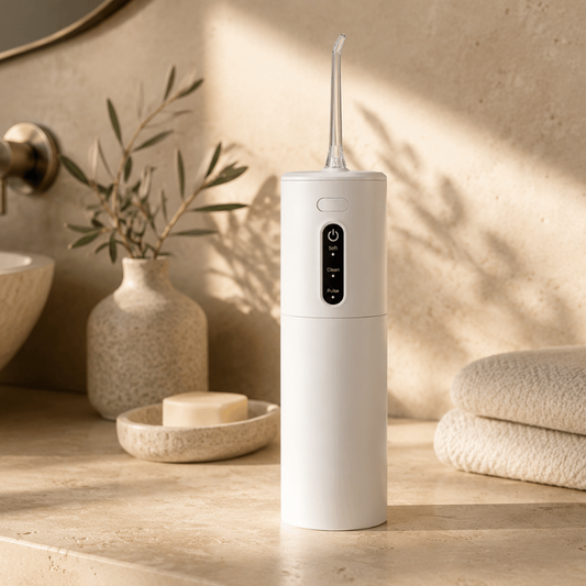 White dental water flosser on a bathroom counter with a neutral color scheme.