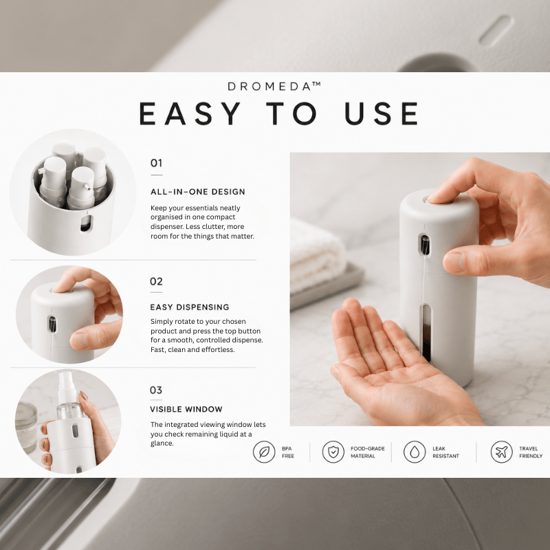 Dromeda™ Travel Dispenser | 4-in-1 Refillable Toiletry Bottle