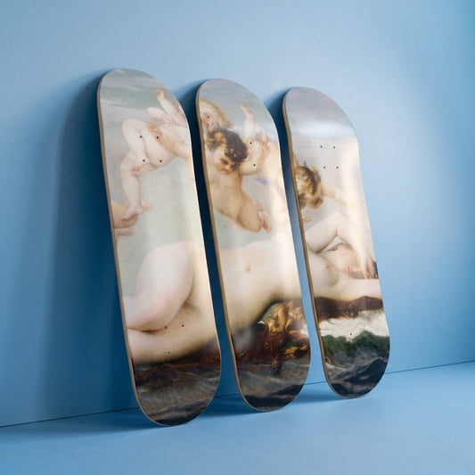 The Birth of Venus 3 deck skateboard wall art leaning against a sky blue wall