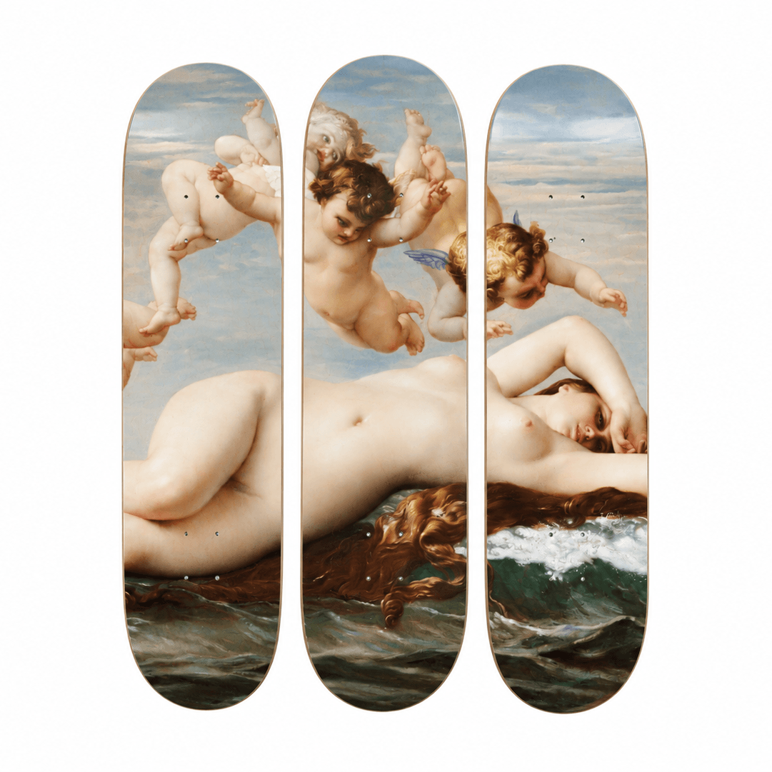 Three skateboard decks arranged vertically side-by-side, featuring a classical painting print of cherubs and a reclining nude figure over a sea scene.