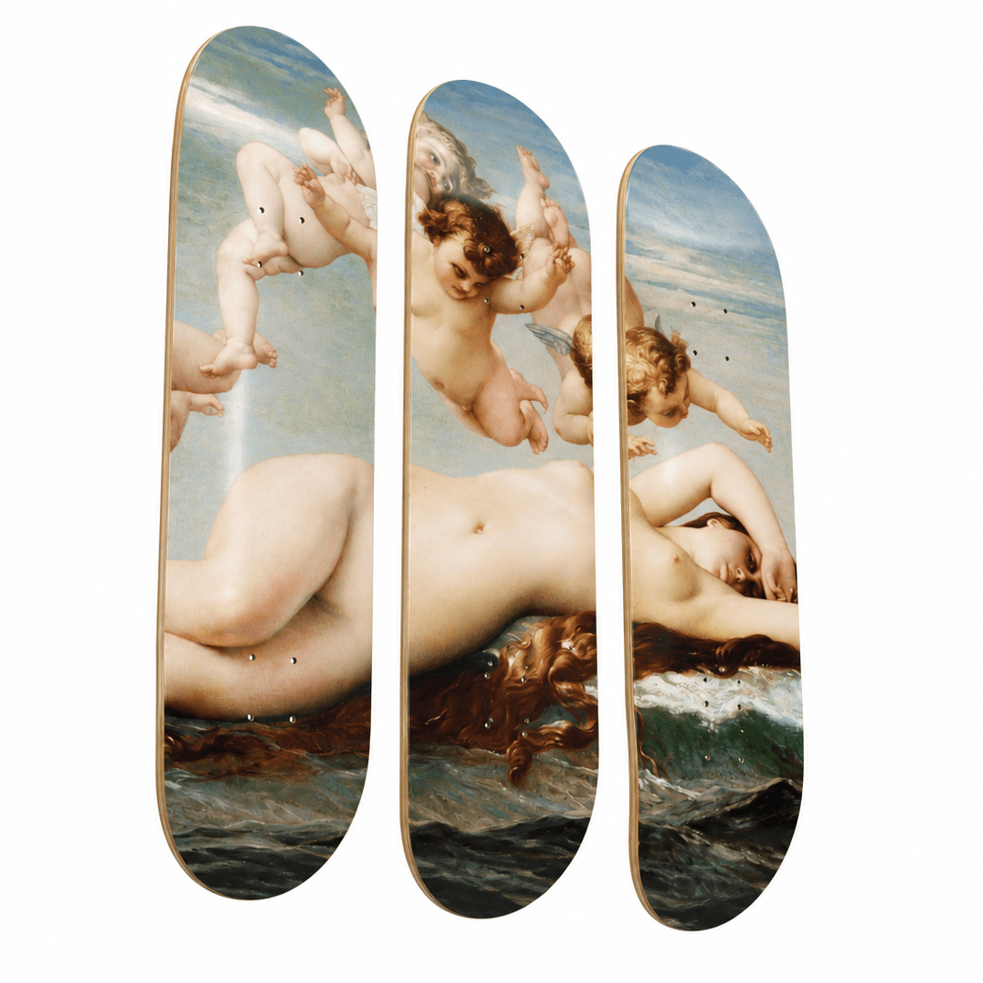 Three skateboard decks arranged vertically side-by-side, featuring a classical painting print of winged cherubs on a beach with blue sky and ocean.
