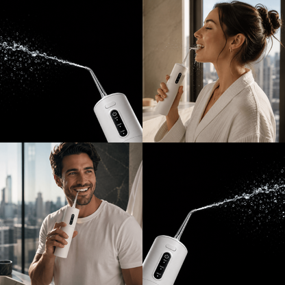 Collage of a person using an dental water flosser with close-up shots of the device and water stream.