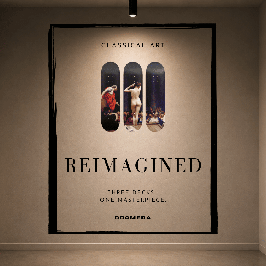 A large framed wall poster in a gallery setting, featuring the text 'CLASSICAL ART REIMAGINED' and 'DROMEDA' with three vertical deck-shaped artwork panels in the center.