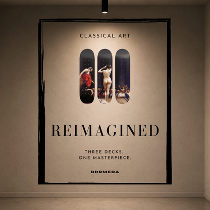 A large framed wall poster in a gallery setting, featuring the text 'CLASSICAL ART REIMAGINED' and 'DROMEDA' with three vertical deck-shaped artwork panels in the center.