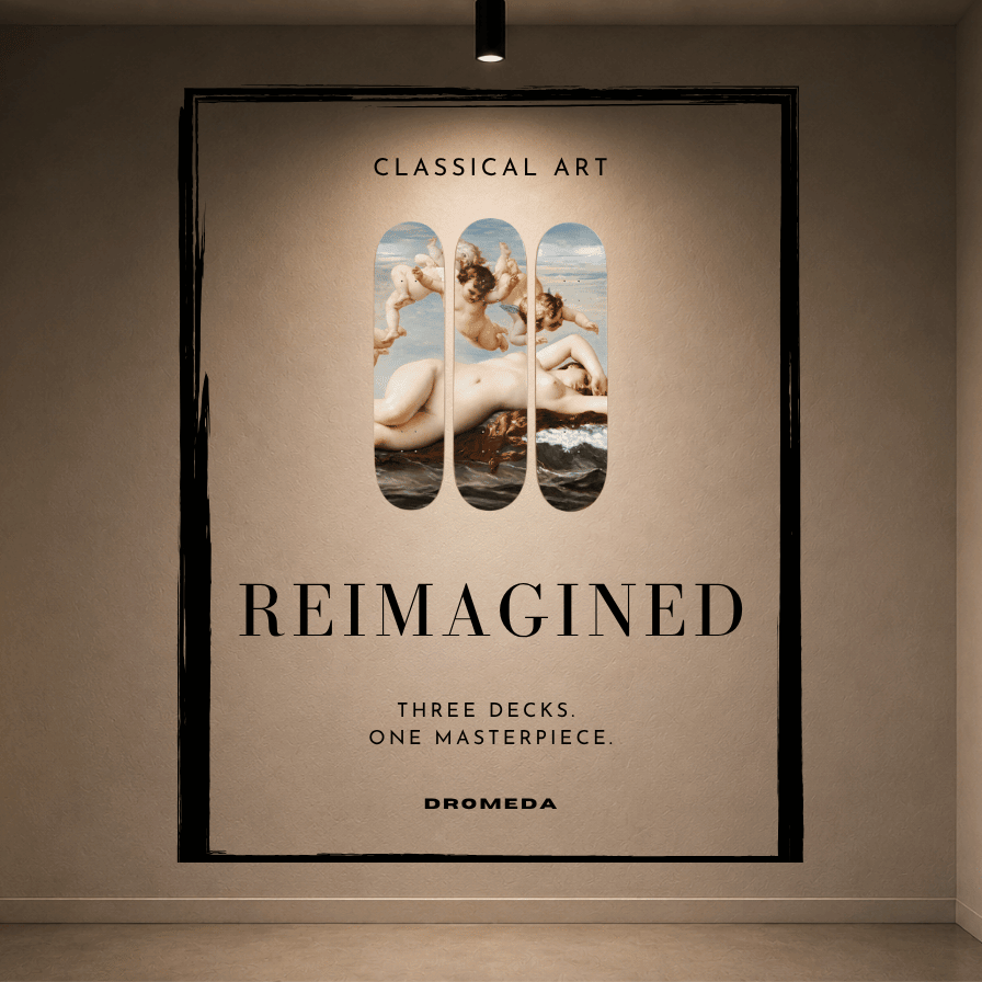 A framed art print displayed on a beige gallery wall. The poster features classical art imagery with three vertical window-like panels showing classical figures, above the large text 'REIMAGINED' and smaller text 'CLASSICAL ART' and 'DROMEDA'.