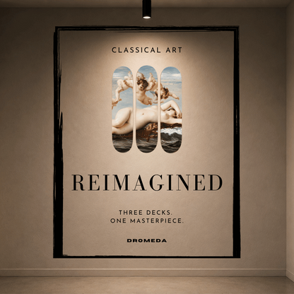 A framed art print displayed on a beige gallery wall. The poster features classical art imagery with three vertical window-like panels showing classical figures, above the large text 'REIMAGINED' and smaller text 'CLASSICAL ART' and 'DROMEDA'.