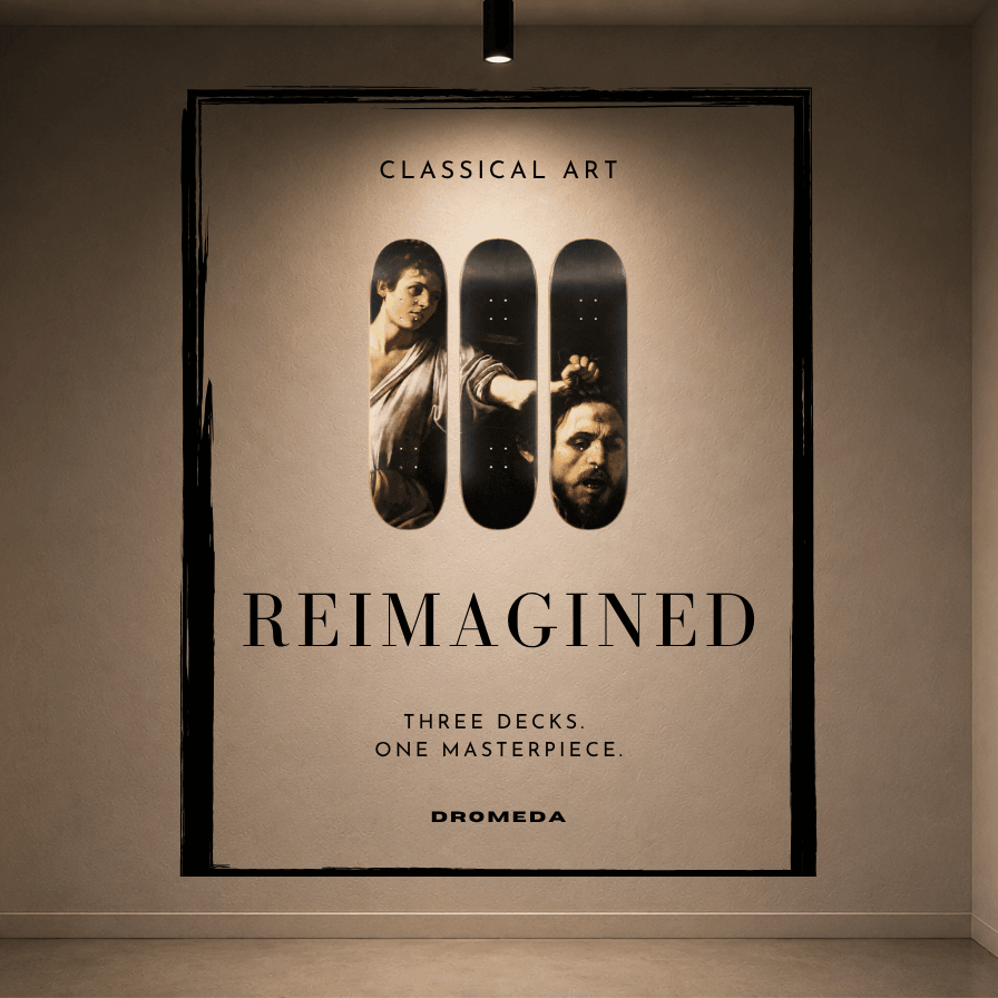 A large framed wall poster in a gallery setting, featuring classical art style typography and three vertical dark shapes with embedded portrait images. The poster reads 'CLASSICAL ART', 'REIMAGINED', 'THREE DECKS ONE MASTERPIECE', and 'DROMEDA'.