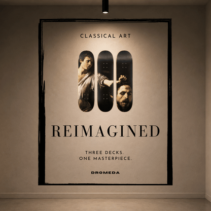 A large framed wall poster in a gallery setting, featuring classical art style typography and three vertical dark shapes with embedded portrait images. The poster reads 'CLASSICAL ART', 'REIMAGINED', 'THREE DECKS ONE MASTERPIECE', and 'DROMEDA'.