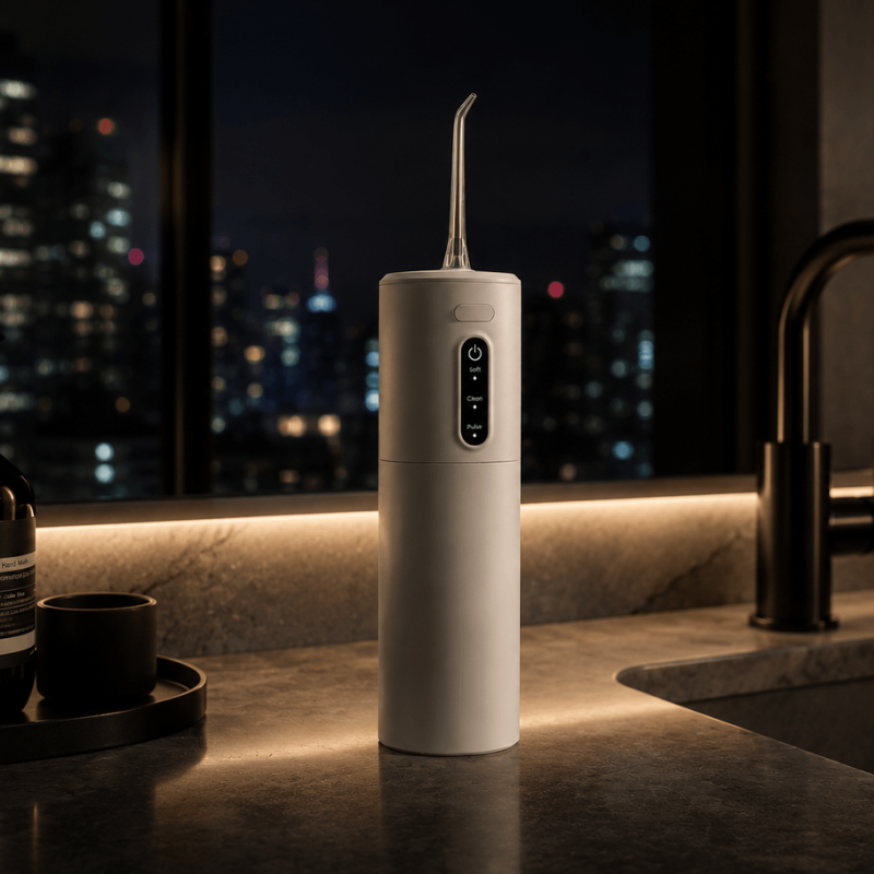 White water flosser on a kitchen counter with a cityscape in the background